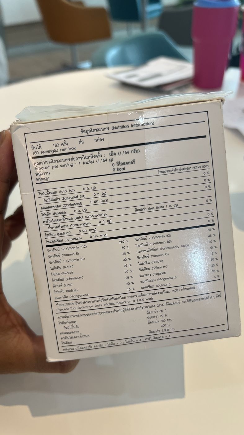 แผงข้อมูลโภชนาการของวิตามินรวมที่ผมกินเอง แสดงวิตามินบี 12 = 260% ของ Thai RDI